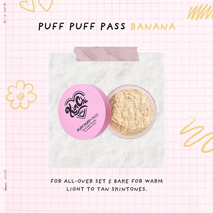 Kimchi Chic Beauty Puff Puff Pass Set and Bake Setting Powder for Makeup, Extra Fluffy Loose Face Powder Poof, Soft Natural Face Makeup for Uneven Skin Tone, 02 Banana