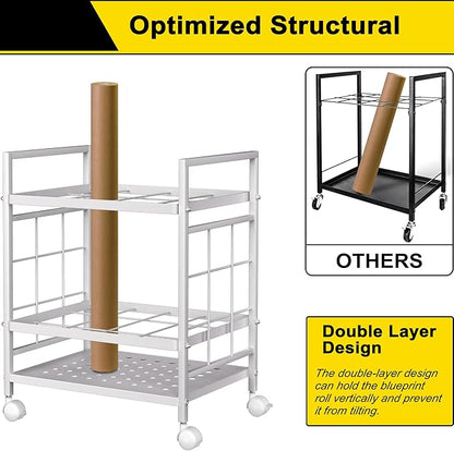 GIOTORENT Blueprint Storage Rack, Holder with Wheels, Map/Poster/Architectural Plan Storage, 12 Slots, 2 Brakes, Silent Wheels for Home, Office, School (White)