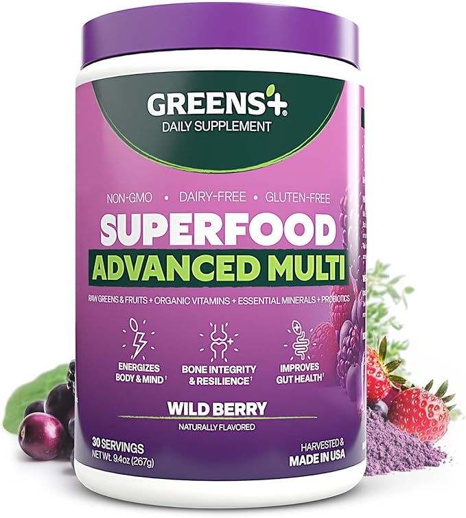 Greens+ Advanced Multi Wild Berry Superfood Powder, Organic Blend, Vegan, Non-GMO, Soy-Free, Dairy-Free, Gluten-Free, Dietary Supplement with Vitamins & Minerals, 9.4 oz
