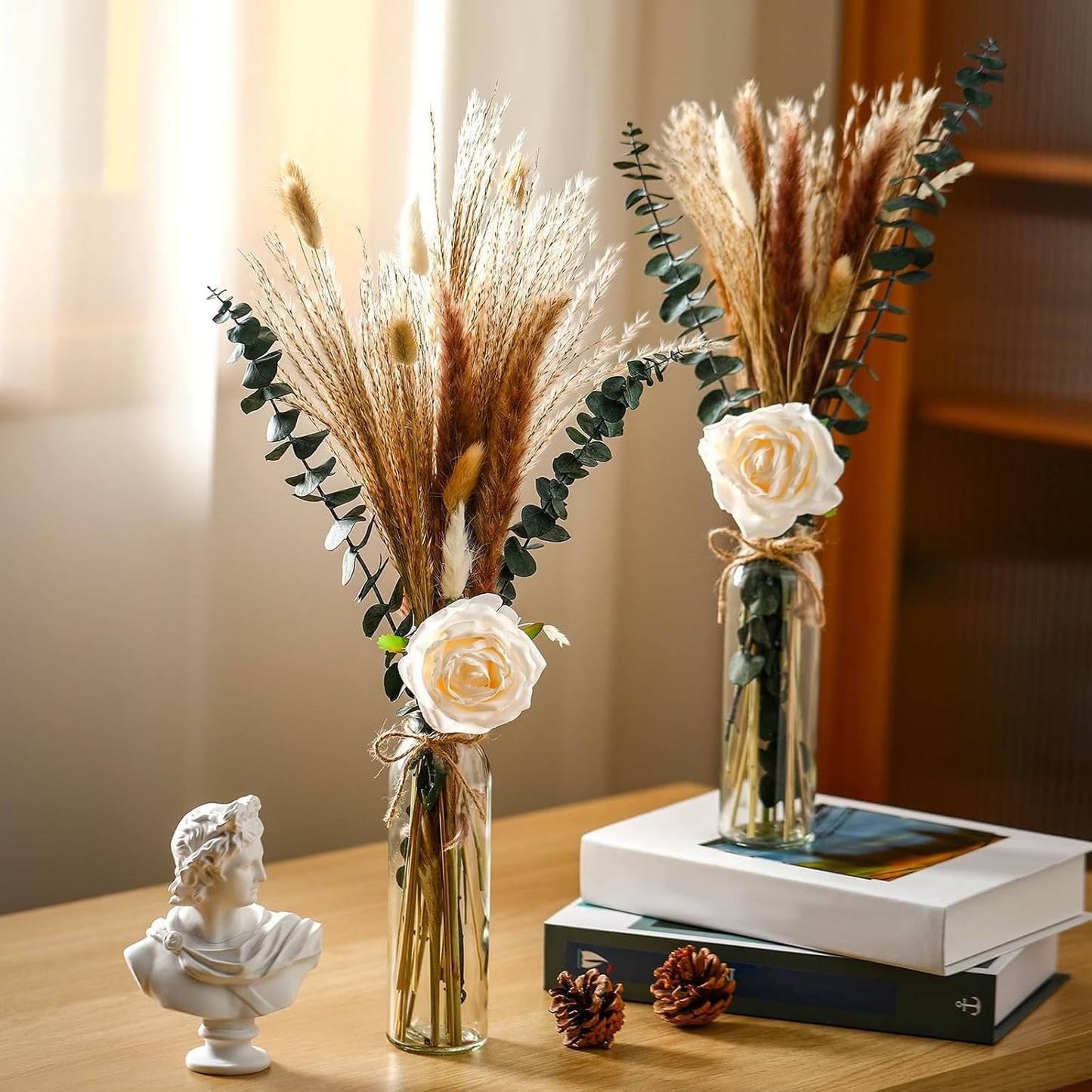 10 Set Dried Pampas Grass Centerpiece for Wedding 10 Clear Glass Jars 10 Artificial Roses 80 Dried Pampas Grass with Rope for Baby Shower Rustic Bridal Party Farmhouse Decoration (White)