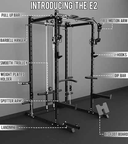 Eonfit E2 Power Cage，1500LB Squat Rack with Cable Crossover System.Multi-Function Power Rack for Home Gum.All-in-One Squat Rack with More Training Attachments