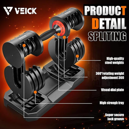VEICK 25/55 lbs Adjustable Dumbbell with Anti-Slip Turning Handle, Fast Adjust Weight for Men Women, Exercise Equipment with Tray for Home Gym Full Body Workout Fitness