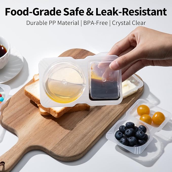 20 Sets Reusable Snack Containers with Lids & 20 Sporks – Double Compartment for Portion Control, BPA-Free Leak-Proof Dipping Containers for Meal Prep, Travel, and Outdoor Snacks (Clear)