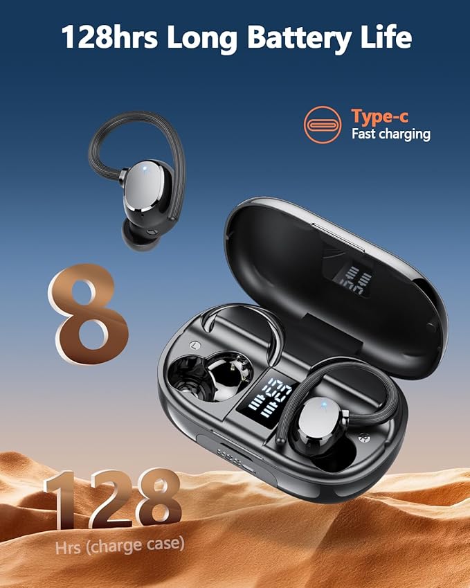 Ear Buds Wireless Bluetooth Earbuds Sport 2025 New Bluetooth 5.3 Headphones with LED Display 128H Playtime Powerful Bass Over Ear Earphones with Earhooks IP7 Waterproof for Gym/Running/Workout