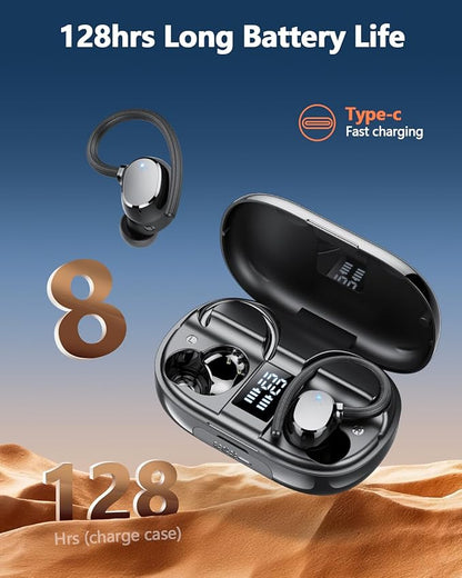 Ear Buds Wireless Bluetooth Earbuds Sport 2025 New Bluetooth 5.3 Headphones with LED Display 128H Playtime Powerful Bass Over Ear Earphones with Earhooks IP7 Waterproof for Gym/Running/Workout