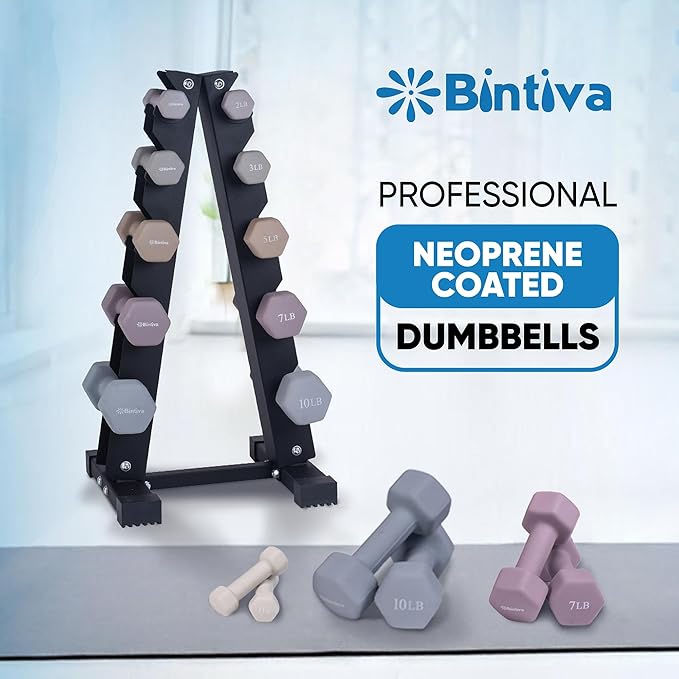 Dumbbell Set with Rack - Neoprene Coated Weights with Stand - Hex Color Coded Dumbell Pairs 1-20 LBs
