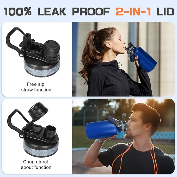 Insulated Water Bottle 64 oz, Half Gallon Water Jug Cold 48H, BPA Free Stainless Steel Bottles with Straw/Chug 2-in-1 Lid, Bag, Paracord Handle, Silicone Boot, Sports Gym School Metal Flask