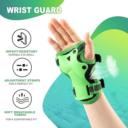 2PM SPORTS Knee Pads for Kids, Wrist Guards Knee and Elbow Pads Set with Drawstring Bag, Protective Gear Set for Girls Boys Roller Skating Cycling Skateboard - Green Medium