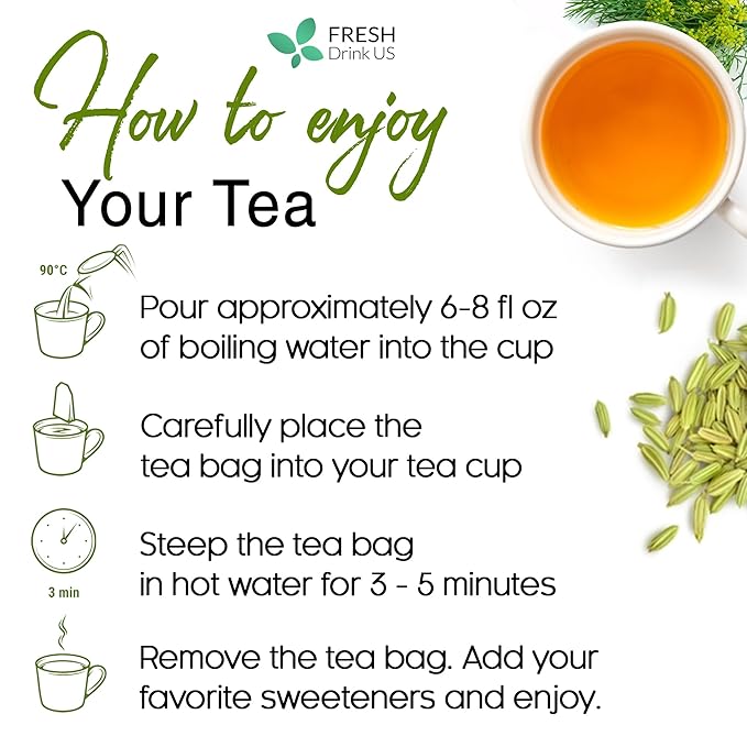 FreshDrinkUS, Premium 135 Fennel Tea Bags, 100% Natural & Pure from Fennel Seeds. Fennel Seed Herbal Tea. Fennel Seed Tea. Made with Natural Material Tea Bags. No Sugar, No Caffeine, No Gluten, Vegan.