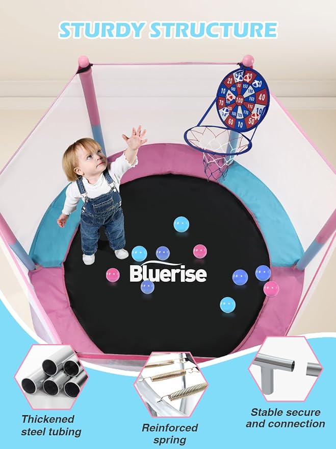 BLUERISE Trampoline 55IN 6FT Toddler Trampoline for Kids Indoor Outdoor Play for Kids Trampoline Basketball Hoop Attachment with Enclosure Net Easy to Assemble Outdoor Indoor Trampoline