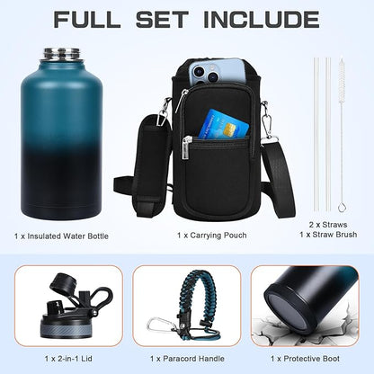 Insulated Water Bottle 64 oz, Half Gallon Water Jug Cold 48H, BPA Free Stainless Steel Bottles with Straw/Chug 2-in-1 Lid, Bag, Paracord Handle, Silicone Boot, Sports Gym School Metal Flask