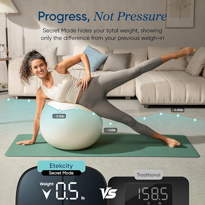 Etekcity Smart Rechargeable Scale for Body Weight, BMI, Fat, Muscle Mass, Digital Bathroom Scale with 13 Metrics, Secret Mode, Bluetooth Connect to Free Apps, Stealth Black