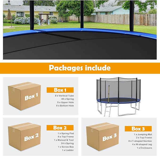 GYMAX Trampoline, 8FT 10FT 12FT 14FT 15FT 16FT Recreational Trampolines w/Safety Enclosure Net & Ladder - ASTM Certificated, Outdoor Trampoline for Kids and Adults