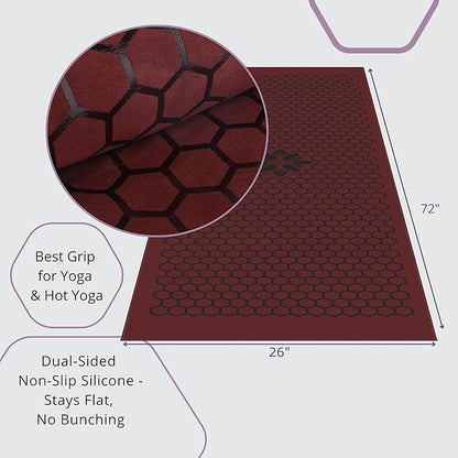 Clever Yoga Non-Slip Hot Yoga Towel – Non-Slip Grip for Hot Yoga, Sweat Absorbent, Honeycomb Silicone Grip, Stays Flat – Ideal for Pilates, Travel, Washable & Lightweight - Burgundy