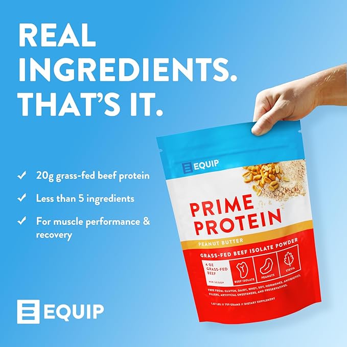 Equip Foods Prime Protein Powder | Clean, Grass Fed Beef Protein Powder for Women & Men | Carnivore Protein Isolate | Paleo, Keto Friendly | Gluten & Dairy Free | 30 Servings, Peanut Butter