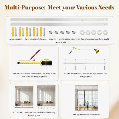 Home Gym Mirror - 3 PCS 16×56 inches, Large Frameless Wall Mounted Full Length Body Mirror for Dancing Studio, Exercise, Fineness, Yoga, Tempered Glass