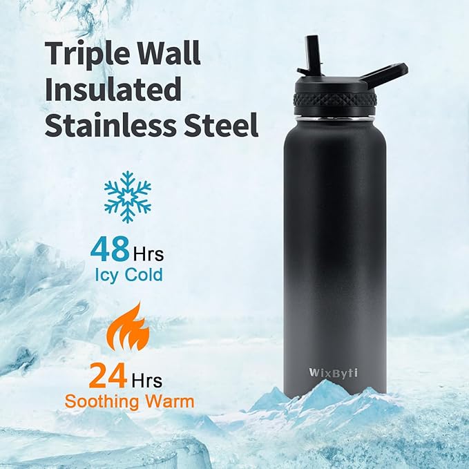 40 oz Insulated Water Bottle with Straw (Cold for 48 Hrs), Stainless Steel Triple Wall Vacuum Sports Water Jug, Leakproof Hydro Cup Flask with Paracord Handle & Straw Spout Lids & DIY Stickers