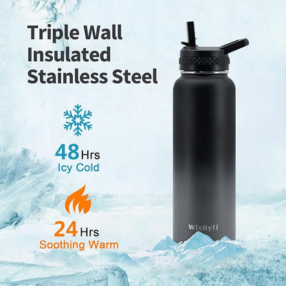 40 oz Insulated Water Bottle with Straw (Cold for 48 Hrs), Stainless Steel Triple Wall Vacuum Sports Water Jug, Leakproof Hydro Cup Flask with Paracord Handle & Straw Spout Lids & DIY Stickers