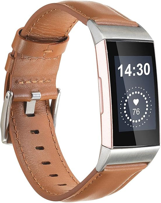 Leather Bands Compatible for Fitbit Charge 4/ Charge 3/ Charge 3 SE Fitness Tracker, Genuine Leather Band Replacement Strap Wristband Accessories for Women Men