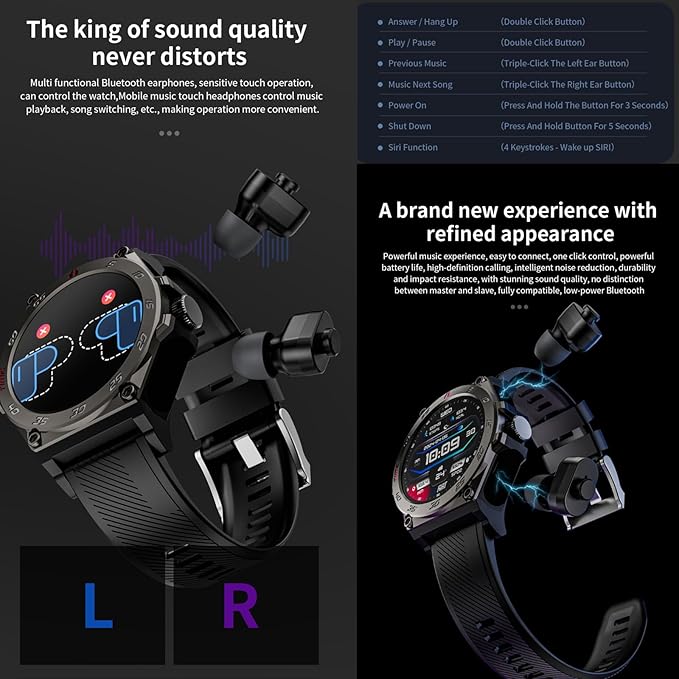 LC18 Smart Watch with Earbuds 1.53 Inch Round Smartwatch Built-in Wireless Bluetooth Headphones Health Monitor Speaker Fitness Tracker 128M Local Music Player (Black Silicone+Steel)