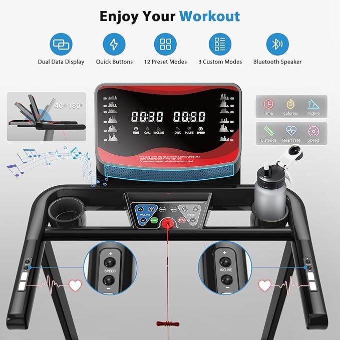 CIIHI Treadmill with Auto Incline - 400 LBS Capacity 15% Auto Incline Treadmill for Home - 0.5-12 MPH Foldable Running Machine with 47.2”x18.1” Belt, APP, Speaker, Speed & Incline Quick Button