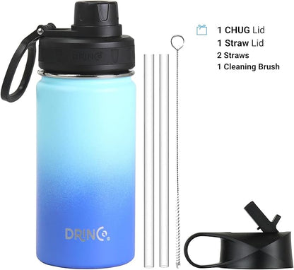 DRINCO Stainless Steel Water Bottle Spout Lid Vacuum Insulated Double Wall Water Bottle Wide Mouth (40oz 32oz 22oz 18oz 14oz) Leak Proof Keeps Cold or Hot (14 oz, 14oz Morning Sky Blue)