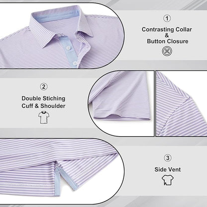 Golf Shirts for Men - Moisture Wicking Short Sleeve Performance Sport Casual Striped Collared Mens Polo Shirt