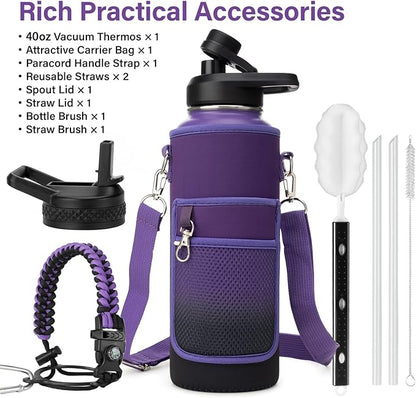 Insulated Water Bottle | Thickened Stainless Steel Vacuum Metal | Portable Sports Water Jug for Gym and Hiking with Straw, Carrier Bag, Handle Strap | BPA-Free 40 oz