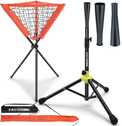 Eastgoing Heavy Duty Baseball and Softball Portable Travel Batting Tee with Baseball Ball Caddy.Easy Adjustable Height | Portable & Collapsible.Hitting Tee for Any Age Player Baseball