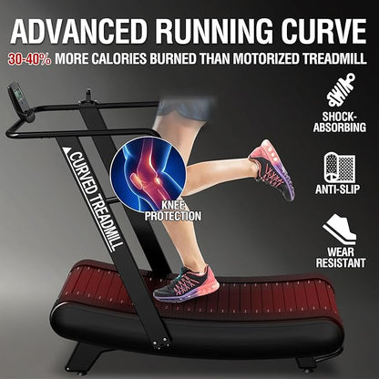 Mikolo Curved Manual Treadmill, Non Electric Treadmill with 8 Resistance Levels, LCD Digital Monitor Shock Absorption, Multi-Grip Adjustable Handrails, Non-Slip Belt