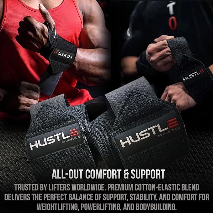 Hustle Athletics Wrist Wraps for Weightlifting – Max Wrist Support for Safe & Heavy Lifts, USPA Approved 18" & 12" Lengths, Thumb Loop Gym Straps for Powerlifting & Weight Lifting for Men and Women