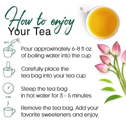 FreshDrinkUS, Premium 20 Tea Bags of Lotus Green Tea, 100% Natural. Exquisite Flavor, Handpicked Leaves, Perfect for Tea Lovers. No Sugar, No Gluten, Vegan.