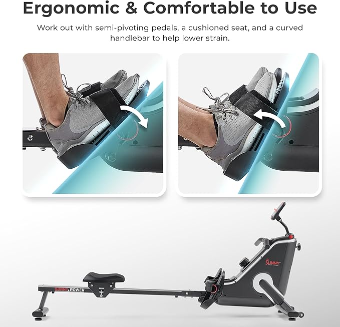 Sunny Health & Fitness Flip & Foldable Rowing Machine for Home w/Extended Slide Rail, Full-Body Workout, Low-Impact, Optional Extra Long Rail, Quiet Rail Cover, Water Motion and Free SunnyFit App