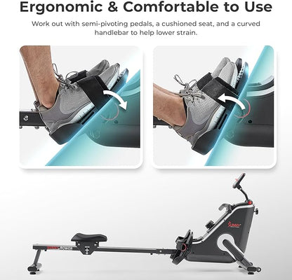 Sunny Health & Fitness Flip & Foldable Rowing Machine for Home w/Extended Slide Rail, Full-Body Workout, Low-Impact, Optional Extra Long Rail, Quiet Rail Cover, Water Motion and Free SunnyFit App