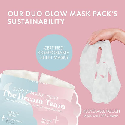 ESW Beauty The Dream Team Face Mask Duo – Hydrating & Moisture Repair Skincare Set – Includes The Pink Dream & Blue Dream – Vegan, Cruelty-Free, Clean Skincare for Glowing Skin