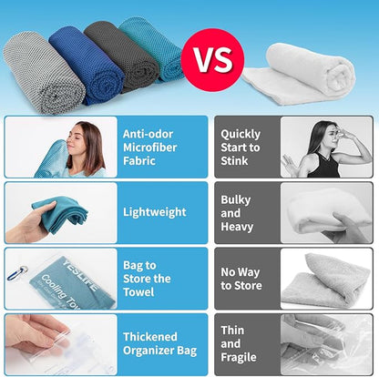 YESLIFE 4 Pack Cooling Towel 40"x12", Gym Towels for Men and Women, Soft Breathable Workout Towels for Yoga, Running, Sport, & More (Black, Dark Blue, Blue, Grey)