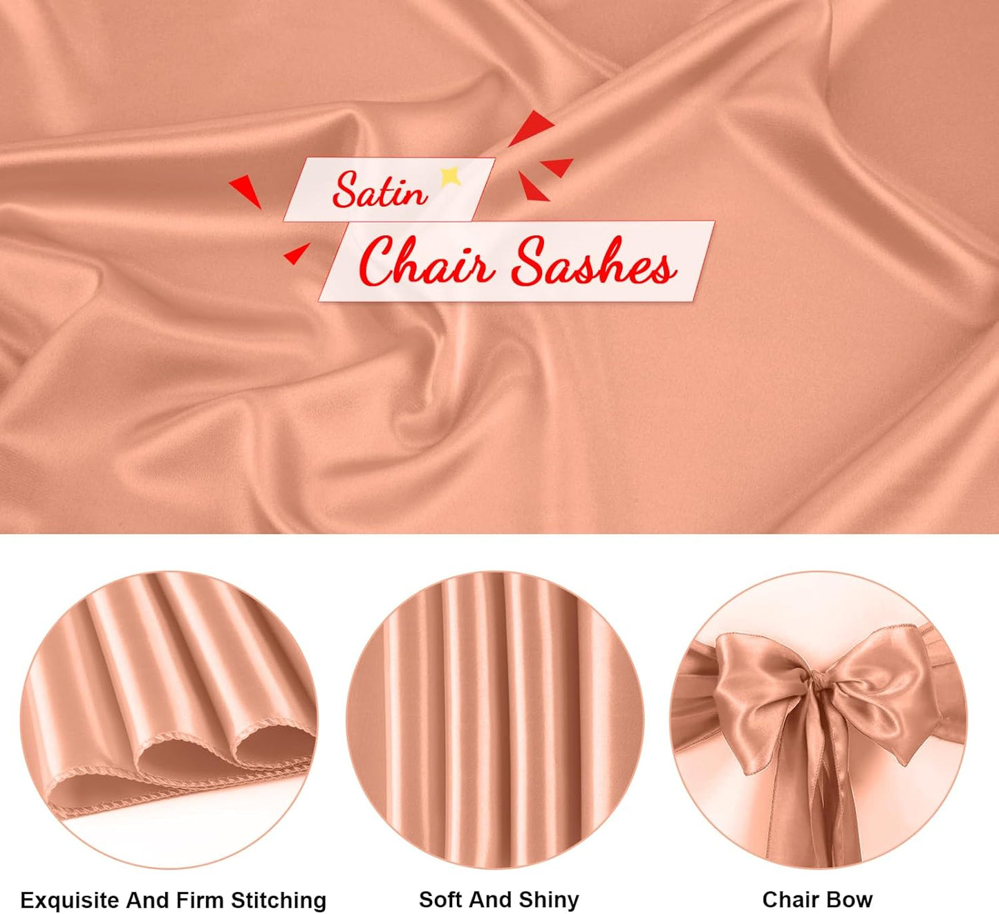 10 PCS Rose Gold Satin Chair Sashes Bows Universal Chair Ribbon Ties Back Sash for Wedding Party Reception Events Banquets Hotel Event Chair Cover Decoration (7x108 inch)