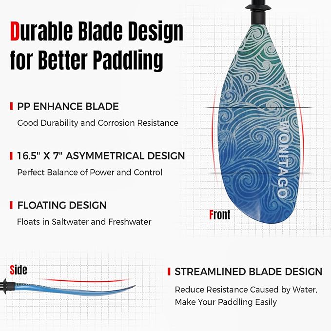 Kayak Paddles with Alloy Shaft and PP Blade, Floating Kayaking Oars, Adjustable 230-250 cm/90-98 Inches, 210-230 cm/82-90 Inches