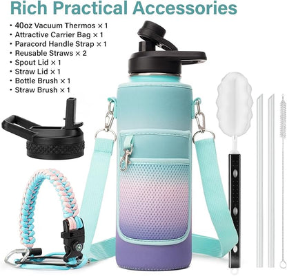Insulated Water Bottle | Thickened Stainless Steel Vacuum Metal | Portable Sports Water Jug for Gym and Hiking with Straw, Carrier Bag, Handle Strap | BPA-Free 40 oz