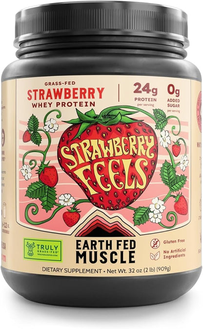 Earth Fed Muscle Strawberry Feels (Forever) – Irish Truly Grass‑Fed Whey Protein Isolate, No Sugar, Soy‑Free, Gluten‑Free (2 lb, 29 Servings, Strawberry)