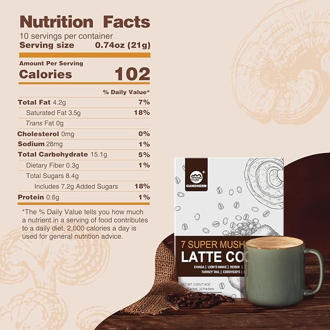 GANOHERB 7 in 1 Mushroom Coffee Mix, Instant Latte Coffee Blend Nootropic Cafe Complex with Reishi, Lion’s Mane, Chaga, Turkey Tail, Maitake, Cordyceps for Energy Focus Immune Boost (10 Servings)