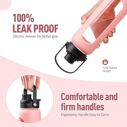 Kodrine Water Bottle with Straw, 24 oz Glass water Bottle with 2 Lids Bamboo Straw Lid and Spout Lid with Handle, 32 oz Clear Water Bottle Glass for Sports Travel, Waterbottle with Time Marker