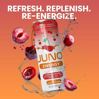 JUNO ENERGY Organic Cherry Sparkling Drink - Sugar Free Electrolytes, Energizing and Hydrating with 125mg Organic Caffeine from Green Coffee Beans, Organic Monk Fruit, Organic Sour and Black Cherry Juice & Electrolytes - Vegan, Gluten Free, 12 Pack