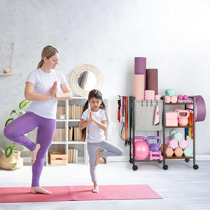 Yoga Mat Storage Rack Home Gym Equipment Organizer Holder for Foam Roller Dumbbells Kettlebells Resistance Bands and More Accessories Women Men Workout Organization with Hooks Wheels (Black)