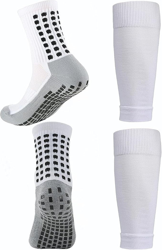 KMOLY 1 Set Soccer Grip Socks,Shin Guard Sleeves for Football Basketball for Men and Women Black/White One Size