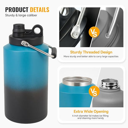 Kerilyn Insulated Gallon Jug with Handle, One Gallon, 128oz Stainless Steel, Large Double Vacuum Water Bottle for Hot & Cold Drinks, Wide Mouth, Sweat Proof, Great for Travel, Camping, Blue Gradient