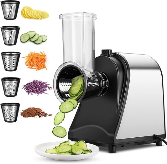 Homdox 250W Electric Cheese Grater, Electric Slicer Shredder, Salad Maker Electric Grater Electric Cheese Grater/Shredder with 5 Free Attachments, Ivory