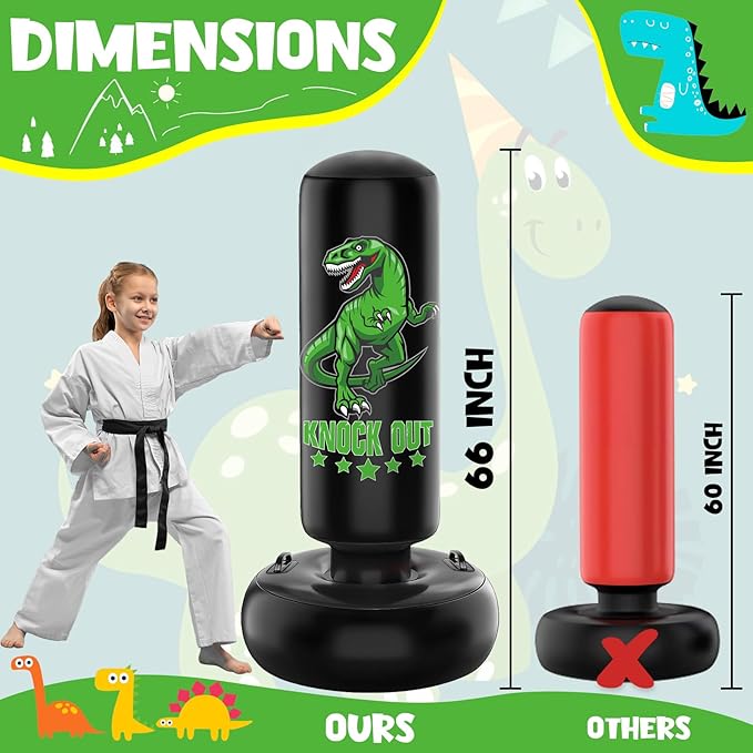 Larger Stable Dinosaur Punching Bag for Kids, 66" Tall Sports Kids Teens Inflatable Punching Bag with Boxing Gloves, Gifts for Boys & Girls Age 5-12 for Practicing Karate, Taekwondo, MMA