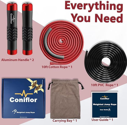 Weighted Jump Rope, 1LB Tangle-Free Ball Bearing Rapid Speed Skipping Rope for Men Women, Adjustable 9mm Cotton & PVC Rope with Alum Handle for Boxing MMA Weight-Loss Athletic Workout Fitness