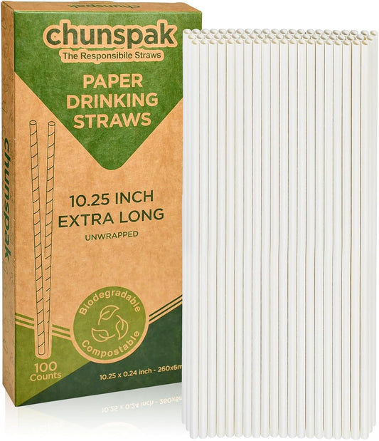10 Inch Long Paper Drinking Straws, 0.24" Diameter - White, 100 counts